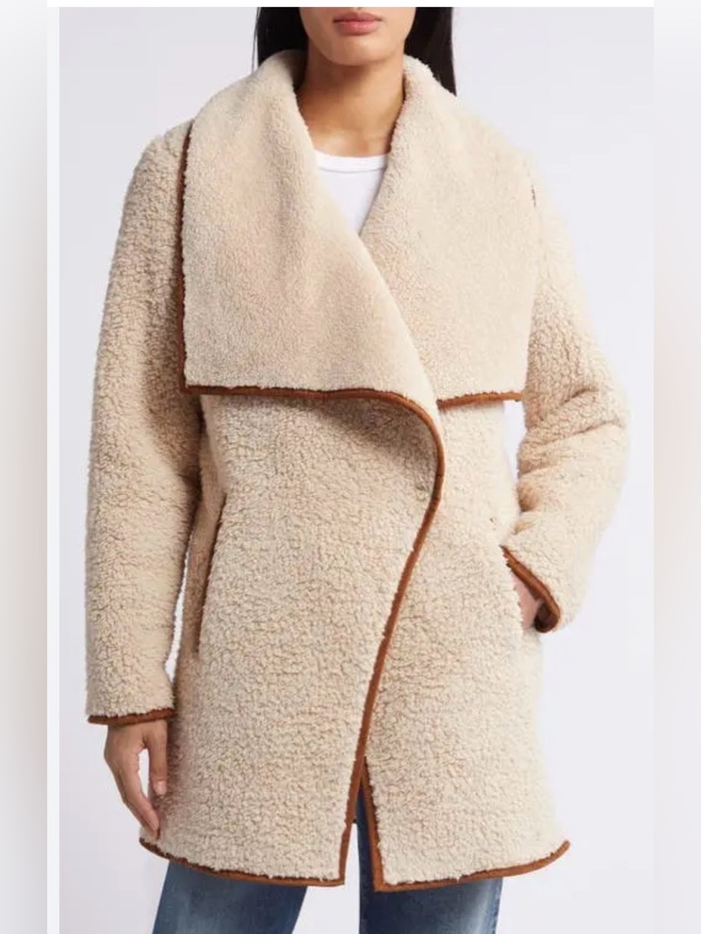 Lucky Brand Cozy Cream Sherpa Coat with Contrast Trim